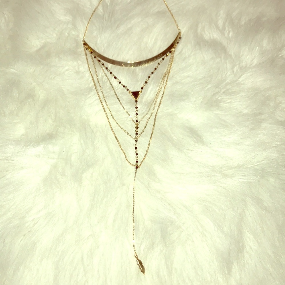 Layered Necklace Gold Color Feather Accent